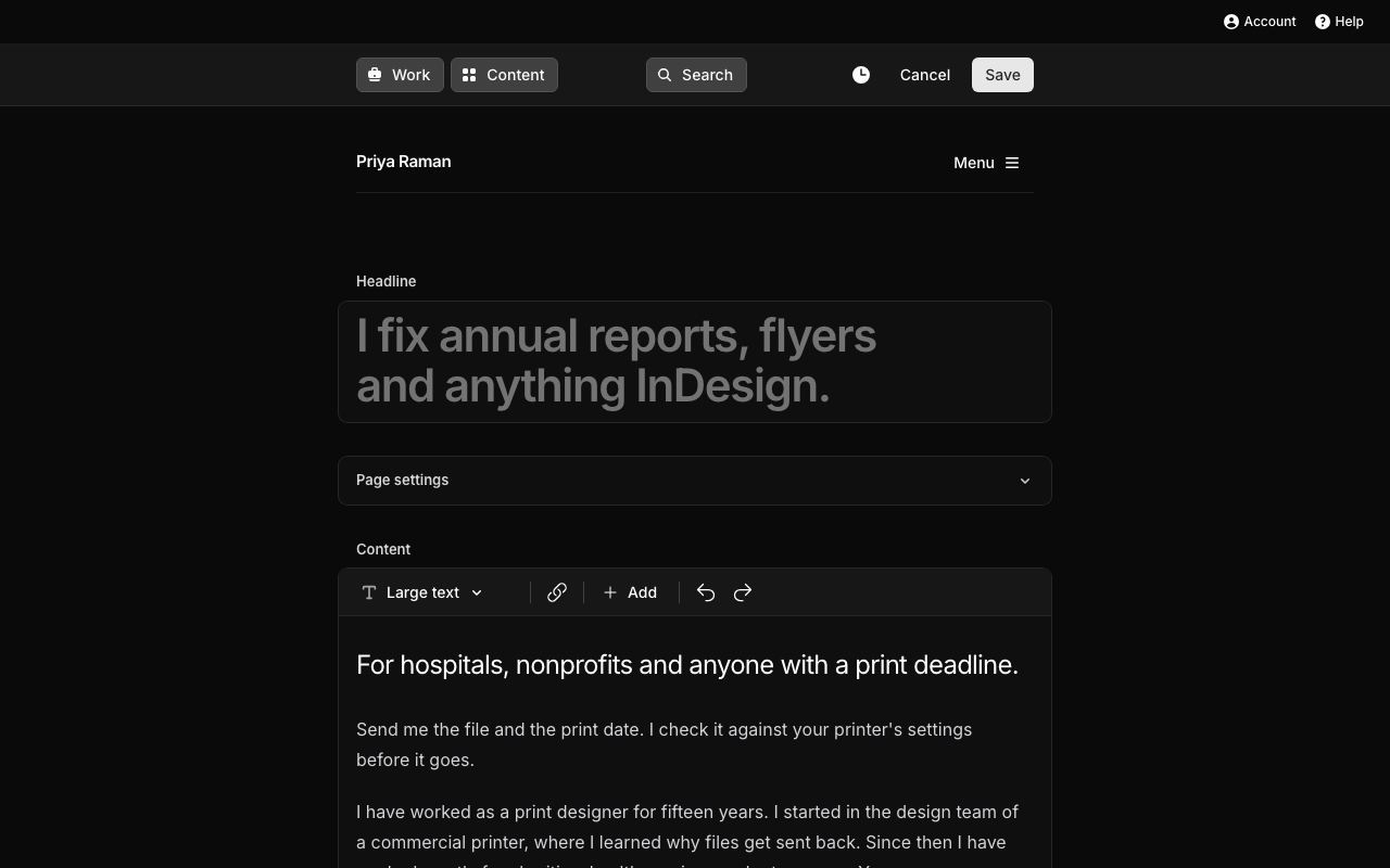 Editing a Yoursellf site: the words on the page, and a Save button.