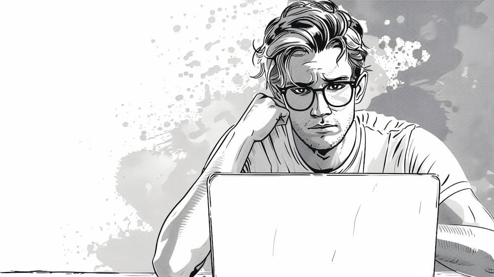 A drawing of a person looking at a laptop with frustration.