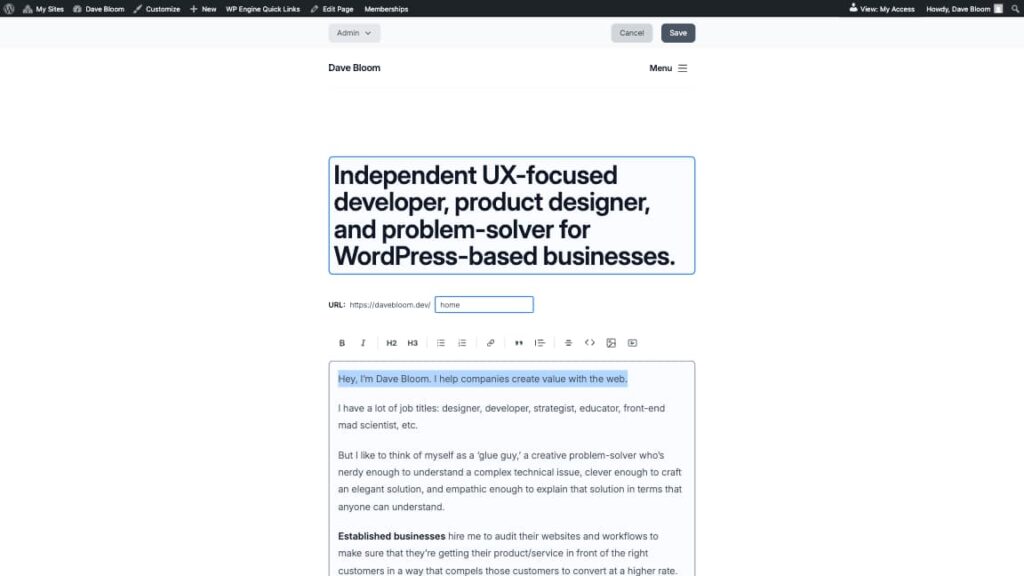 The edit view of a Yoursellf site.