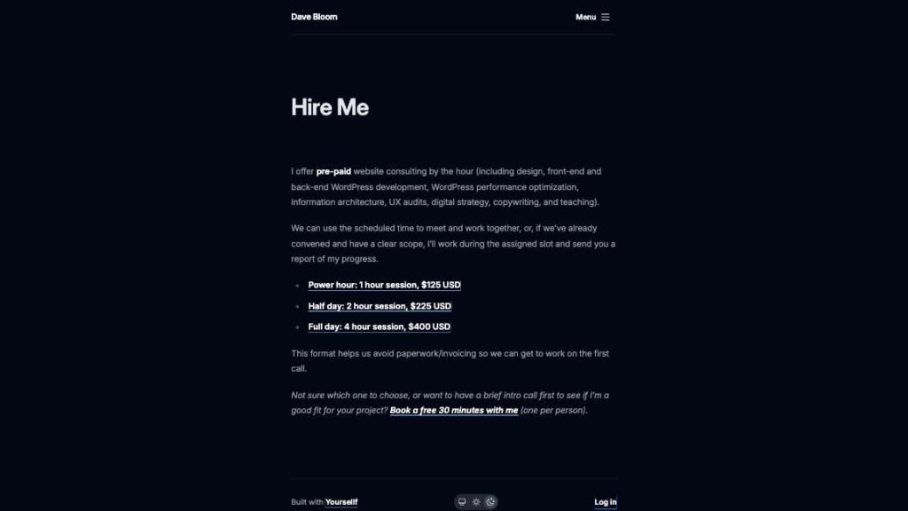 The 'hire me' page of Dave Bloom’s site in dark mode.